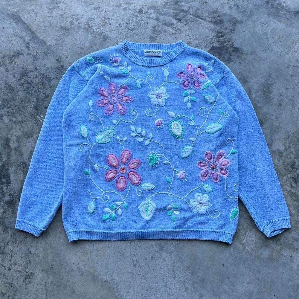 Vintage 90s Y2K Floral Blue Grandma Sweater Knit 100% Cotton